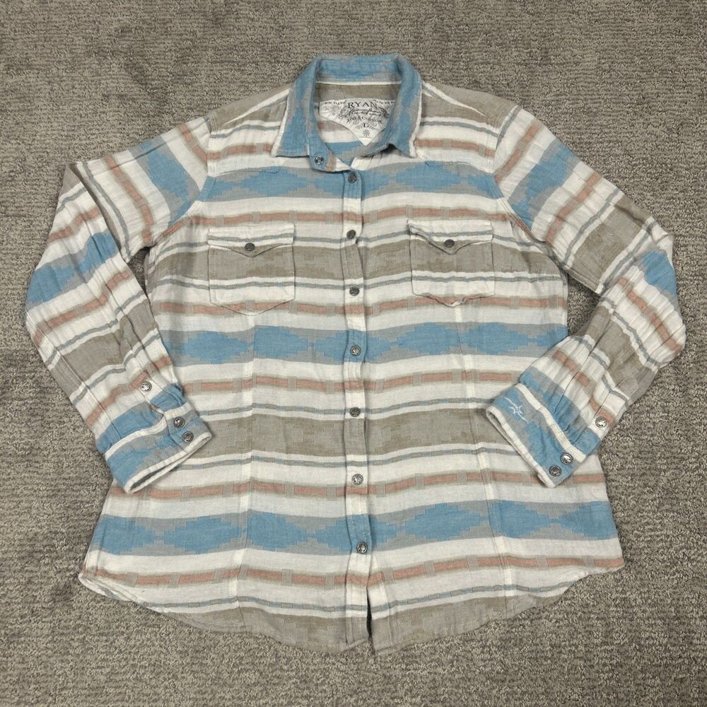 Ryan Michael Shirt Womens Large Heather Blanket Snap 100% cotton Striped Soft